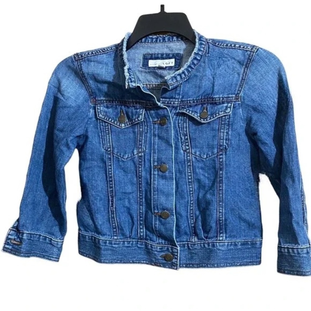 LOFT Denim Cropped Jean Jacket Frayed  Stand Up Collar Sz Med
